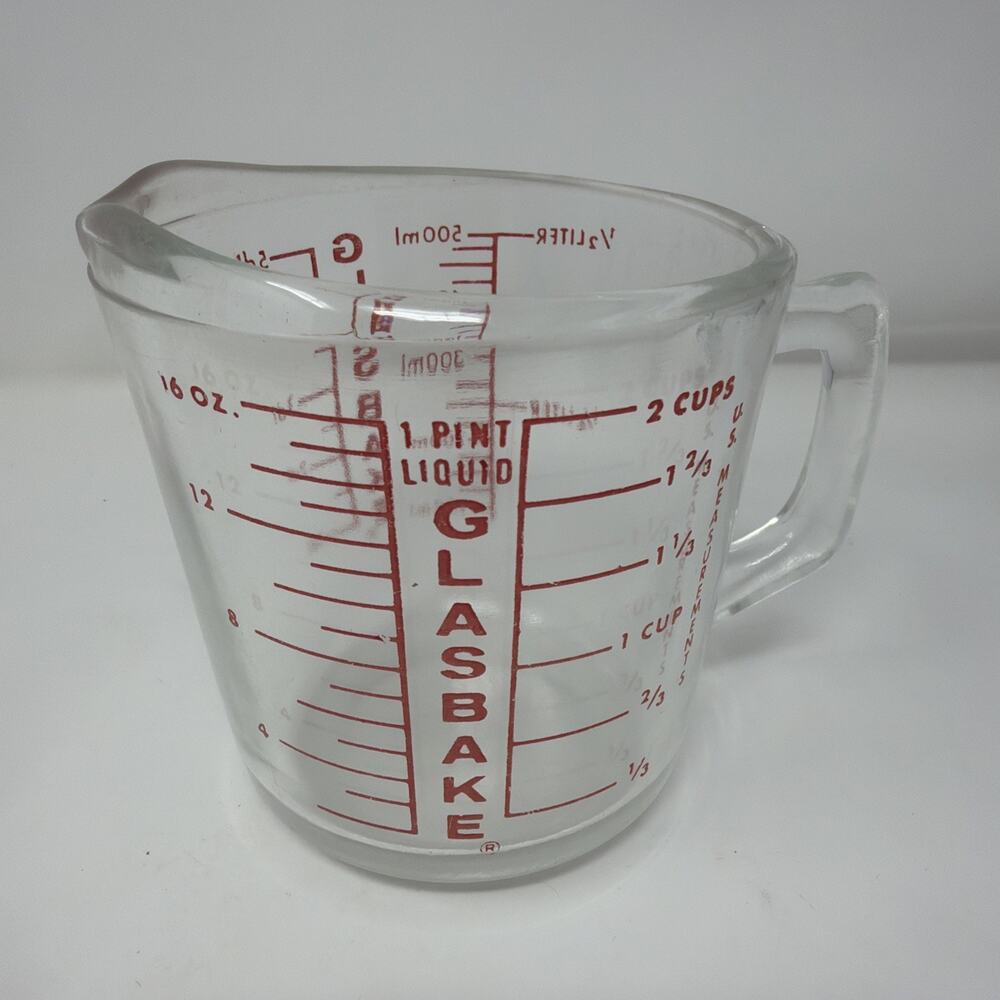 GLASBAKE VTG Red Lettering 2 Cup 500ml Heavy Glass Measuring Cup Metric D Handle